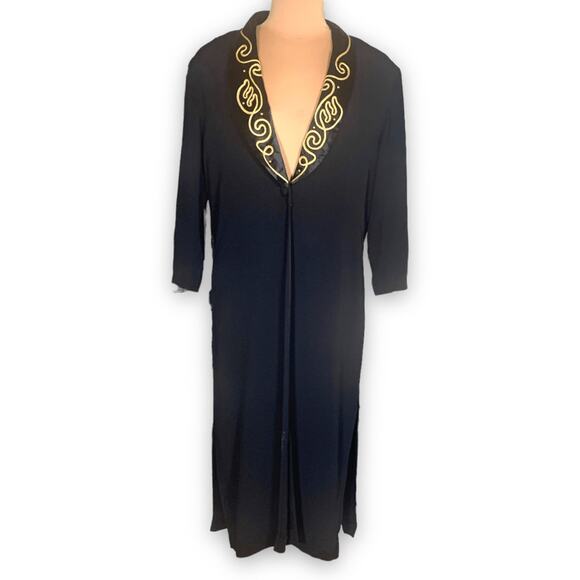 Vintage 90s Cache Black Duster Coat Gold Embroidered Satin Collar Size Medium - Picture 12 of 12